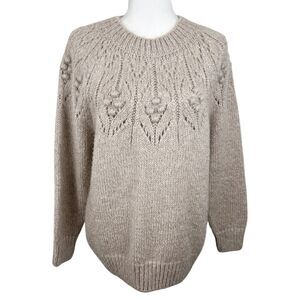 MNG Mango Sweater Women Small Tan Pullover Fair Isle Embroider Oversized Crew